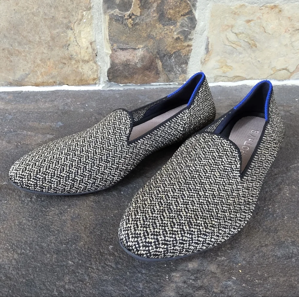 NEW Rothys Almond Loafers Metallic Sparkle Herringbone Flats Shoes